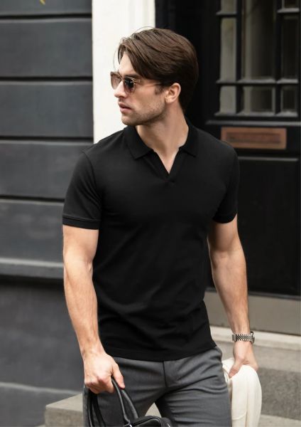 Men V-Neck Polo Shirt, Nimbus Harvard